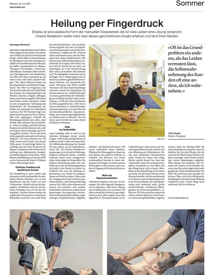 Shiatsu Artikel Zeitung BZ über meine Shiatsupraxis in Basel
